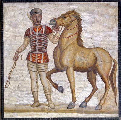 Afbeelding van de vier facties van het Romeinse circus: de rode (factio russata). De facties waren clubs die betrokken waren bij circuswedstrijden in het Bovenrijk (1e eeuw na Christus) en gekenmerkt door een kleur. Mozaïek, Rome Museo nazionale Romano. door Roman