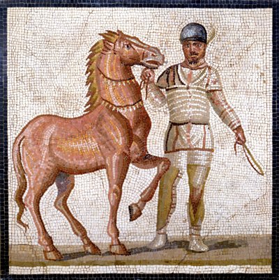Voorstelling van de vier facties van het Romeinse circus: de witten (factio albata). De facties waren clubs die deelnamen aan circuswedstrijden in het Hoge Rijk (1e eeuw n.Chr.) en gekenmerkt werden door een kleur. Mozaïek, Rome Museo nazionale Romano door Roman