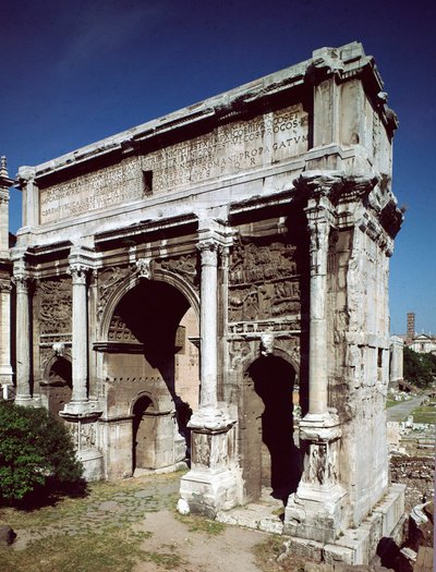 Romeinse kunst: Triomfboog van de Romeinse keizer Septimius Severus (Lucius Septimius Severus) (146-211) gerealiseerd in 203 na Christus, Romeins Forum, Rome door Roman