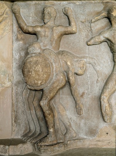 Romeinse kunst: Hercules en de reus met drie hoofden Geryon (een episode van de twaalf werken van Hercules). door Roman
