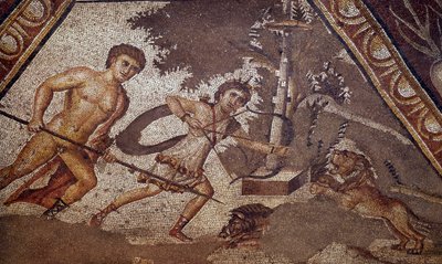 Romeinse kunst: Mozaïek van de seizoenen uit de binnenplaats van de Constantijnse villa van Daphne die twee jagers voorstelt. Detail. Uit de Faubourg van Antiochië aan de Orontes (het huidige Antakya in Syrië). 325-330 na Christus. Parijs, Musee du Louvre door Roman