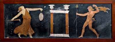Romeinse kunst: de dans van een menade en een sater bij een kleine tempel. Marqueterie uit Pompeii. Dim. 23x67 cm Museo Archeologico Nazionale, Napels door Roman