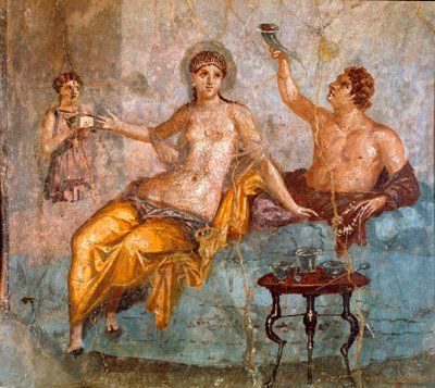 Romeinse kunst: banketscène, een jonge man en een courtisane. Romeinse fresco van de 4e Pompeïaanse stijl van de site van Ercolano (Herculaneum) 60-80 AD door Roman
