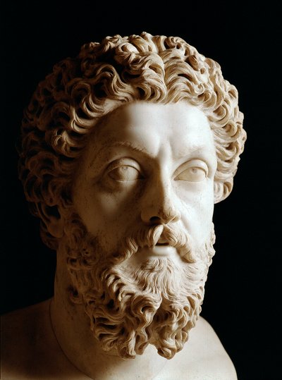 Romeinse kunst: hoofd van de Romeinse keizer Marcus Aurelius (120-180 n.Chr.) - Marmeren sculptuur door Roman