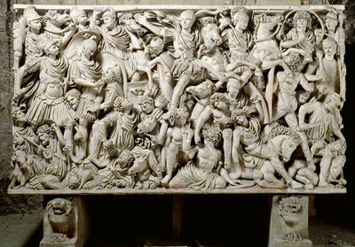Romeinse kunst: sarcofaag Ludovisi met gevechtsscène tussen de Romeinen en de barbaren - 3e eeuw na Chr., Dim. 153x273 cm - Rome, Museo Nazionale Romano - Ostiliano, zoon van keizer Decius (201-51 na Chr.) omringd door cavalerie, van de Slag tussen Romeine door Roman