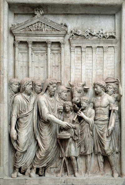 Romeinse keizer Marcus Aurelius offert voor de Tempel van Jupiter, Rome, c.161-180 (marmeren reliëf) door Roman