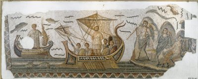 Romeinse oudheid: Odysseus op zijn boot weerstaat het lied van de Sirenen (Odyssee van Homerus) Mozaïek. 250-270 n.Chr. Tunis, Nationaal Bardo Museum door Roman