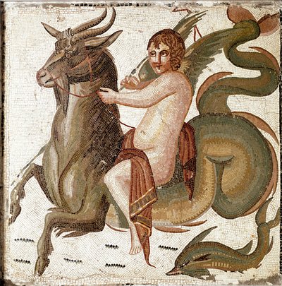 Romeinse kunst: Cupido rijdt op een zeedier Mozaïek uit een villa van de familie van keizer Septimius Severus. Eind 2e eeuw n.Chr. Rome, Museo Nazionale Romano door Roman