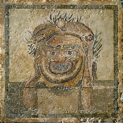 Romeinse kunst: Romeins theatermasker. Mozaïek uit Ampurias (2e eeuw n.Chr.). Spanje, Museo di Ampurias door Roman
