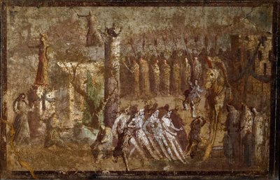 Romeinse kunst: Tabula Iliaca, binnenkomst van het Trojaanse paard door Roman