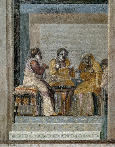Romeinse kunst: een heks en de bereiding van een magische drank. Mozaïek naar het origineel van Dioscorides van Samos (2e eeuw v.Chr.) in het huis van Cicero in Pompeii. door Roman