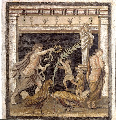 Romeinse kunst: hanengevecht in een palestra in aanwezigheid van de personificaties van Nederlaag en Overwinning. Mozaïek uit Villa du Labyrinth in Pompeii. Museo Archeologico Nazionale, Napels door Roman