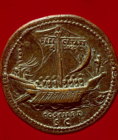 Romeinse kunst: munt van keizer Hadrianus (of Adrien) (76-138 n.Chr.) die een keizerlijke galei voorstelt. 119 n.Chr. door Roman