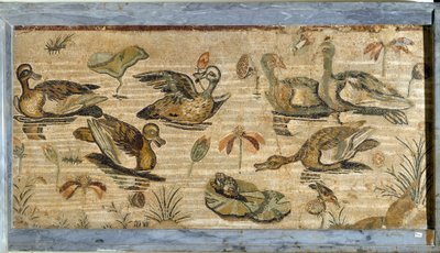 Romeinse kunst: eend, kikker en waterlelies in een vijver. Mozaïek uit de villa van fauna in Pompeii. 1e eeuw. Dim. 132x164 cm. Museo Archeologico Nazionale, Napels door Roman