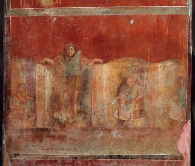 Romeinse kunst: fullonica of foulonnerie. Scène die het reinigen van kleding toont. Fresco uit de villa Fullonica Stephani in Pompeii, gebruikt als wasserij en ververij. 1e eeuw door Roman