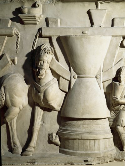 Romeinse kunst: laag reliëf dat een molenwiel toont. 1e eeuw n.Chr. Rome Museo della Civiltà Romana door Roman