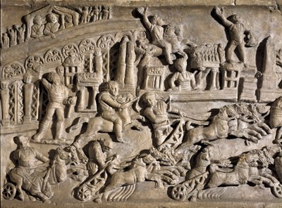 Romeinse kunst: laag reliëf dat wagenrennen voorstelt in het Circus Maximus in Rome. 2e eeuw n.Chr. Rome, Museo della Civilta Romana door Roman