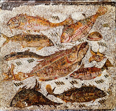 Romeinse kunst: mozaïek die vissen voorstelt. 1e of 2e eeuw na Christus. Van Villa dei Settimii aan de Via Cassia. Rome, Museo Nazionale Romano door Roman