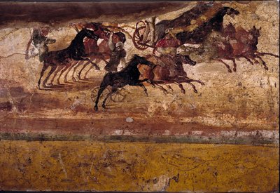 Romeinse kunst: race van quadrigae. Fresco uit de villa van de quadrigae. 4e stijl, Pompeii. Napels, Museo Archeologico Nazionale door Roman