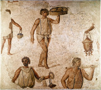 Romeinse kunst: dienaren bij een banket. Fragment van mozaïek uit Carthago, Tunesië. 180-190 n.Chr. Parijs, Louvre Museum door Roman