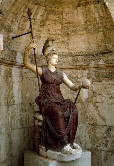 Romeinse kunst: de godin Rome heft het universum in haar hand. Beeld uit de 1e eeuw n.Chr. Rome, Campidoglio door Roman