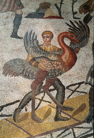 Romeinse kunst: het transport van struisvogels op schepen naar Rome. Detail van mozaïek van 
