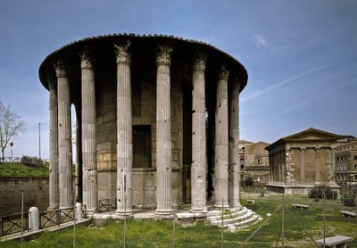 Romeinse kunst: zicht op de tempel van Hercules Victor in het Boarium-forum (Foro Boario) 213 v.Chr. Rome, Italië door Roman