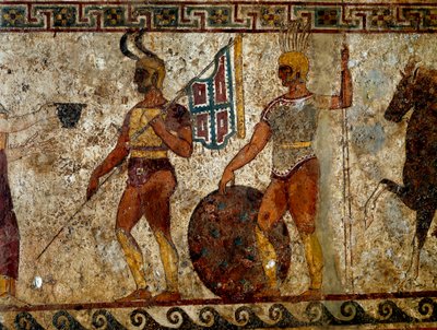 Samnitische krijgers. Grafschildering uit de 4e eeuw v.Chr., uit de site van Paestum, Italië door Roman