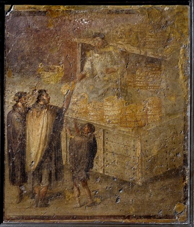 Scène die een bakker toont die brood verkoopt. (Fresco, 1e eeuw) door Roman
