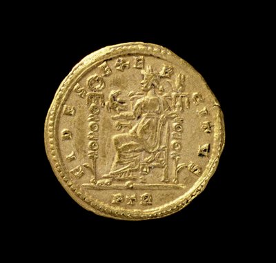 Solidus (achterzijde) van Constantijn I, de Grote, met Fides zittend links op de troon. Opschrift: FIDES EXERCITVS door Roman