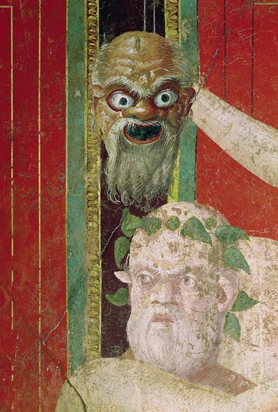 Het Hoofd van de Oude Silenus, Boven een Silenusmasker, Oostmuur, Oecus 5, 60-50 v.Chr. door Roman