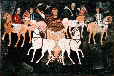 De Romeinse consul Iulius Annius Bassus vertegenwoordigt op een detail quadriga van de sectile opus plaat uit de 4e eeuw. Basiliek van Junius Bassus (Basilica Iunii Bassi), Esquilin in Rome. Bewaard in het Conservatori Museum, Rome door Roman