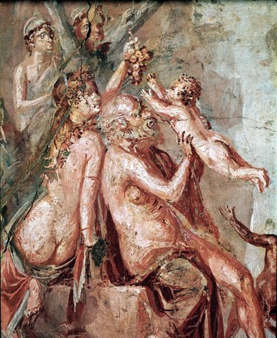 De jeugd van Dionysus met Satyr en Silene (fresco) door Roman