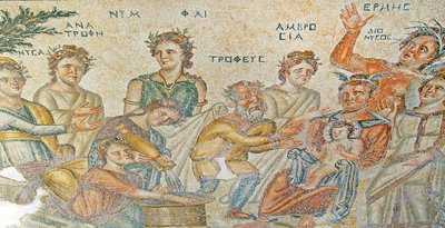 De presentatie van baby Dionysus door Hermes aan Silenus. Huis van Aion, Paphos, Cyprus door Roman