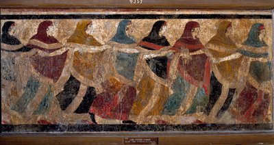 Vrouwenbegrafenisronde. Fresco 117x52,5cm. Schilderij uit het Graf nr. 11, via dei Cappuccini in Ruvo, Italië. 5e eeuw v.Chr. Fresco in 6 fragmenten. Inv. NO 9357. Museo nazionale archeologico, Napels door Roman