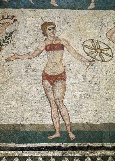 Jonge Romein bezig met fysieke oefeningen. (Detail van mozaïek, 315-350 AD) door Roman