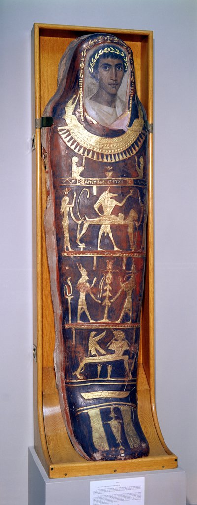 Geschilderde en vergulde mummiekist van Artemidorus met encaustisch portret in Hellenistische stijl, uit Hawara door Roman Period Egyptian