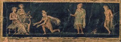 De muzikale wedstrijd tussen Apollo en Marsyas, 1e helft 1e eeuw na Christus door Roman Pompeian wall painting.