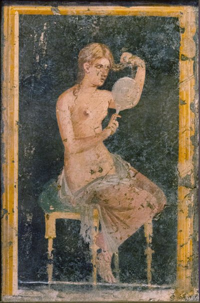 Vrouw met een Spiegel, 1e helft 1e eeuw na Christus door Roman Pompeian wall painting.