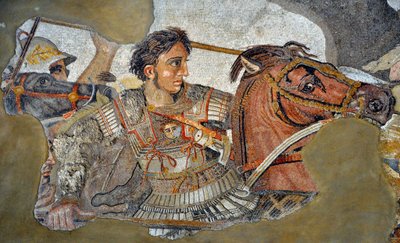 Alexander de Grote (356 - 323 v.Chr.) op zijn paard Bucephale - detail van een mozaïek van Pompeii: Slag bij Issos tussen Alexander en Darius (4e eeuw v.Chr.) door Roman Roman
