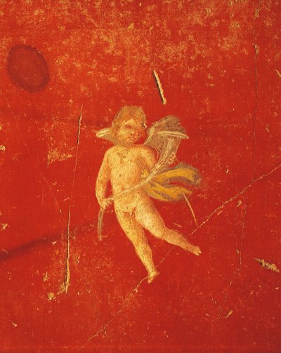 Cherub op rode Pompeiaanse achtergrond, fresco in Vierde Pompeiaanse Stijl, uit Huis van Pinario Ceriale, Pompeii, Campania, Romeinse beschaving door Roman Roman