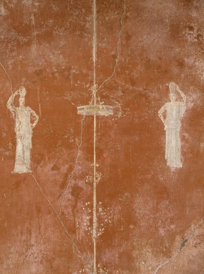 Decoratie op rode achtergrond in Derde Pompeiaanse Stijl, Huis van Sacerdus Amandus, Pompeii, Campania, Romeinse beschaving door Roman Roman