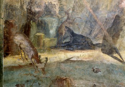 Hert aangevallen door hond, detail van Actaeon verslonden door zijn honden, fresco uit Huis van Menander, Pompeii (UNESCO Werelderfgoedlijst) door Roman Roman