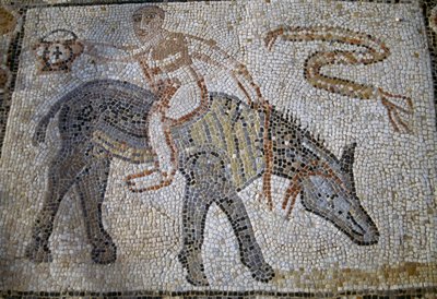 Desultor die achterstevoren op een ezel rijdt en een kantharos vasthoudt, mozaïek in het Huis van Desultor in de Romeinse stad Volubilis (UNESCO Werelderfgoedlijst) door Roman Roman