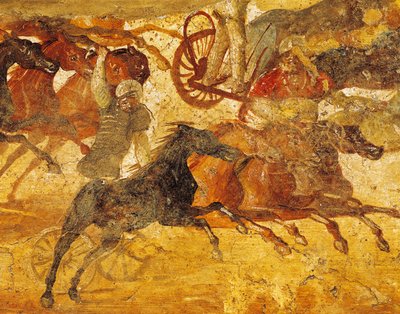 Detail van fresco met wagenrennen, uit Pompeii, Italië door Roman Roman