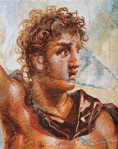 (Detail) fresco van Alexander, uit het huwelijk van Alexander (Ares) en Stateira (Aphrodite), Regio 6 Insula Occidentalis 39, Pompeii (UNESCO Werelderfgoedlijst) door Roman Roman