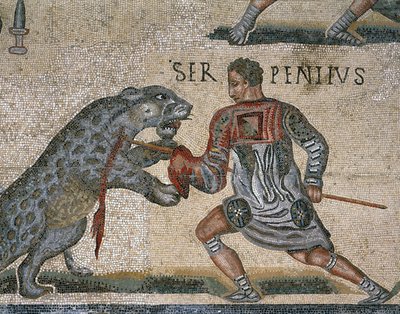 Detail van een mozaïek van een gladiatorengevecht, oorspronkelijk uit Torre Nuova door Roman Roman