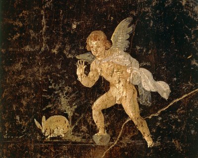 Fresco die Cupido toont die een haas jaagt uit Pompeii, provincie Napels, Italië, Romeinse beschaving door Roman Roman