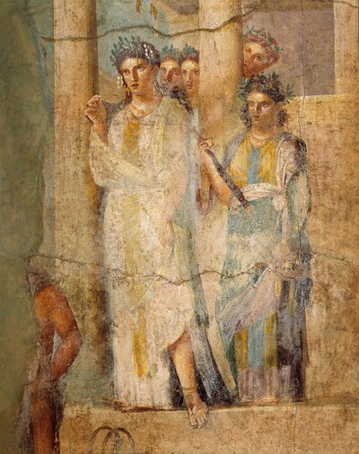 Fresco die Iphigenia in Tauris afbeeldt, Detail van dienstmeisjes, uit het Huis van L. Caecilius Giocondus in Pompeii, Italië door Roman Roman