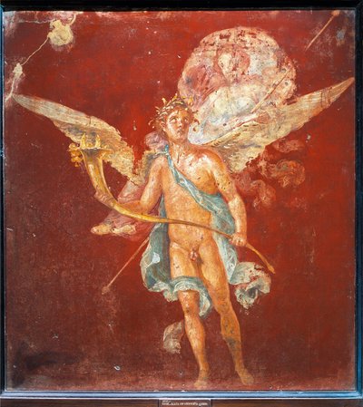 Fresco van gevleugelde Genius die vrouw op zijn schouders draagt, uit Huis van Naviglio, Pompeii, Italië door Roman Roman